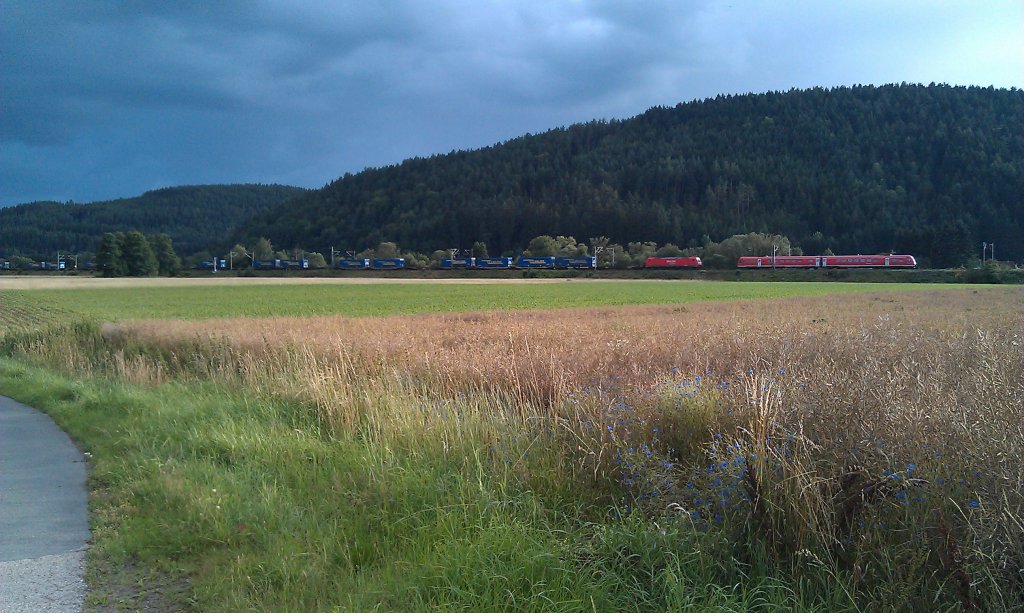 185 39x DB Schenker und 612 xxx begegnen sich am 15.07.2012 kurz vor Gundelsdorf. 
