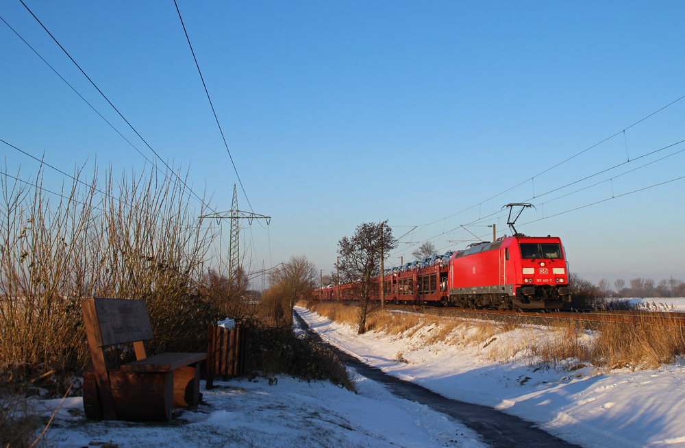 185 401-7 fuhr am 23.01.2013 mit einem Autozug von Emden nach Osnabrck, hier sdlich von Leer.