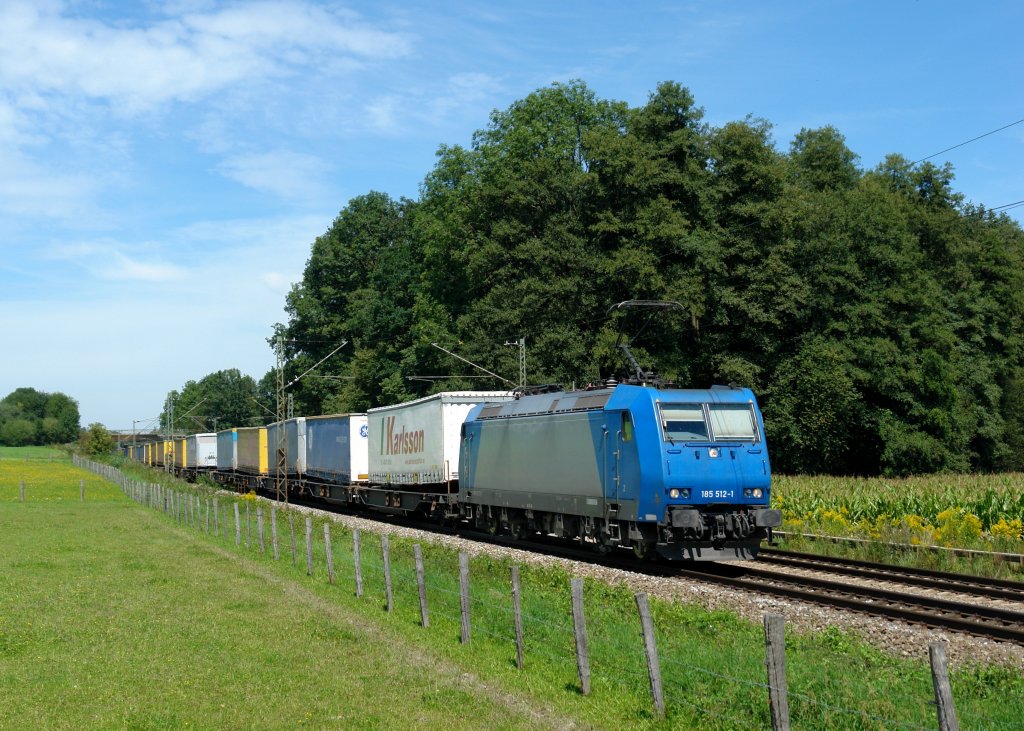 185 512 mit einem KLV am 14.08.2011 unterwegs am B� Vogl.