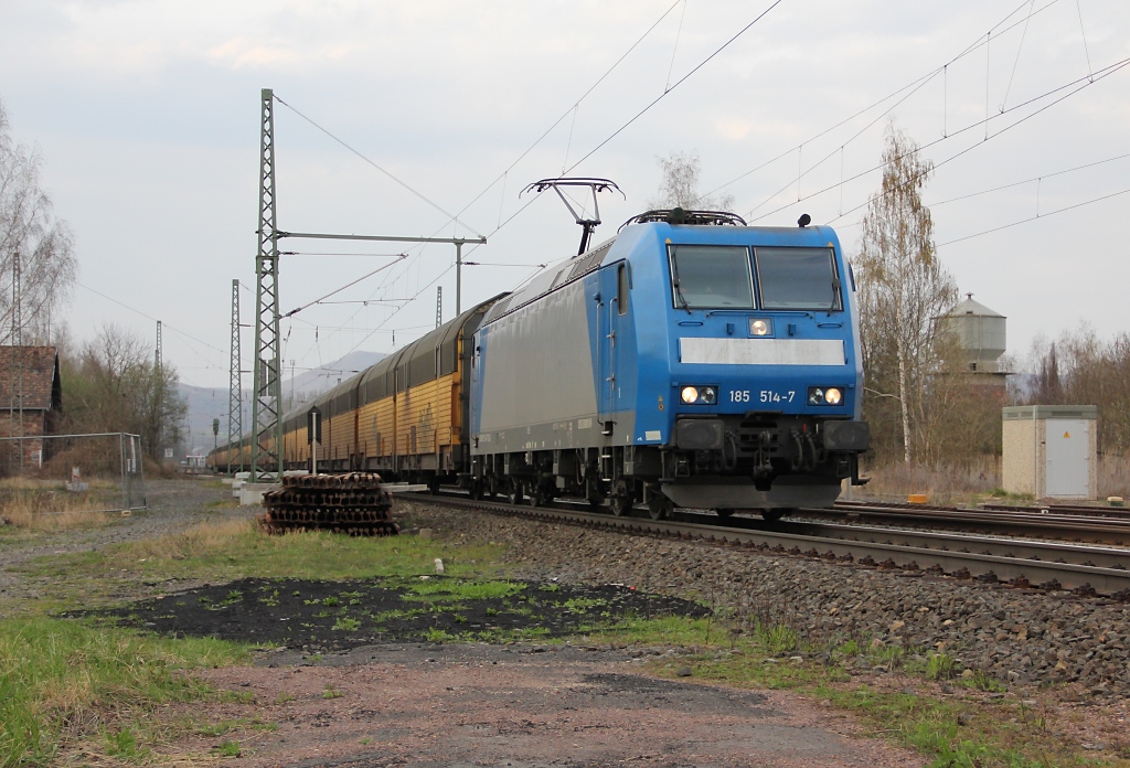 185 514-7 mit geschlossenen ARS-Autotransportwagen in Fahrtrichtung Sden. Aufgenommen am 03.04.2012 am B Eltmannshausen/Oberhone.