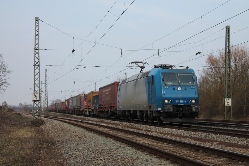 185 515-4 von Crossrail mit einem KLV bei Orschweier. (29.03.2013)