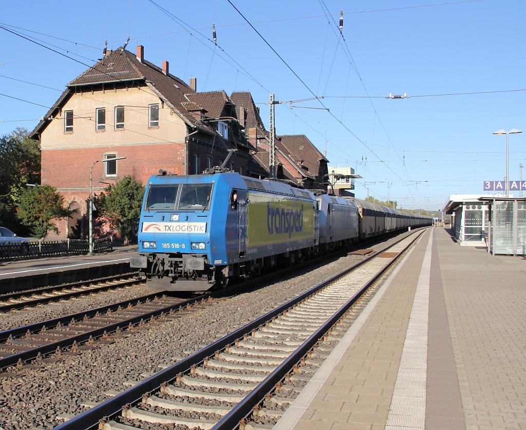 185 518 und 185 xxx von TXL  haben am 16.10.2011 schwer zu zun mit dem ARS Zug auf dem Weg Richtung S�den!
Hier in Eichenberg wo er in die Umleitung �ber Kassel einf�hrt! Ein Gru� zur�ck an der Tf;-)