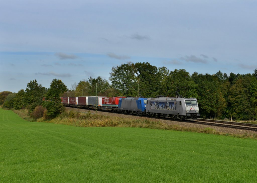 185 540 + 185 514 mit einem KLV am 13.10.2012 unterwegs bei Hilperting.