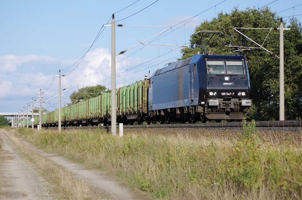 185 547-7 der MRCE mit einem Holzzug zwischen Growudicke und Rathenow in Richtung Stendal. 18.08.2010