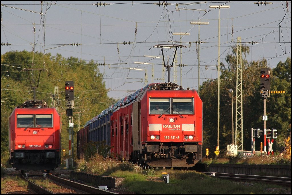 185 588 musste als zweiten Zug die 185 311 ebenfalls noch an sich vorbeiziehen lassen. (05.09.2010, Mangolding)