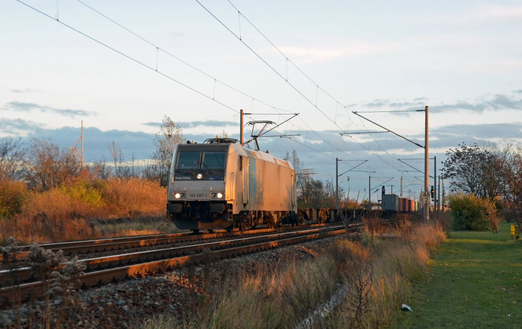 185 687 zog am 05.11.12 einen EVB-Containerzug durch Greppin Richtung Dessau.