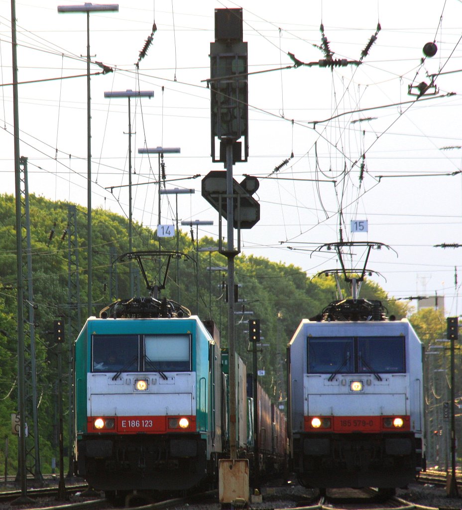 186 123 von Railtraxx steht in Aachen-West mit einem einem langen KLV-Containerzug aus Genk-Goederen(B) nach Frankfurt-Höchstadt und wartet auf die Abfahrt nach Köln über Aachen-Hbf,
und auf dem nebengleis steht eine 185 579-0   Adriana  und noch ein 185er von Crossrail stehen in Aachen-West in der Abendsonne am 24.5.2013.