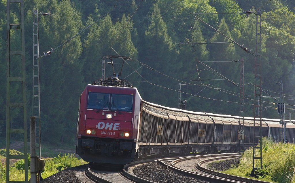 186 133-5 legt sich mit ihrem Gz in Richtung Gttingen bei Freden(Leine) in die Kurve. Aufgenommen am 20.07.2010.