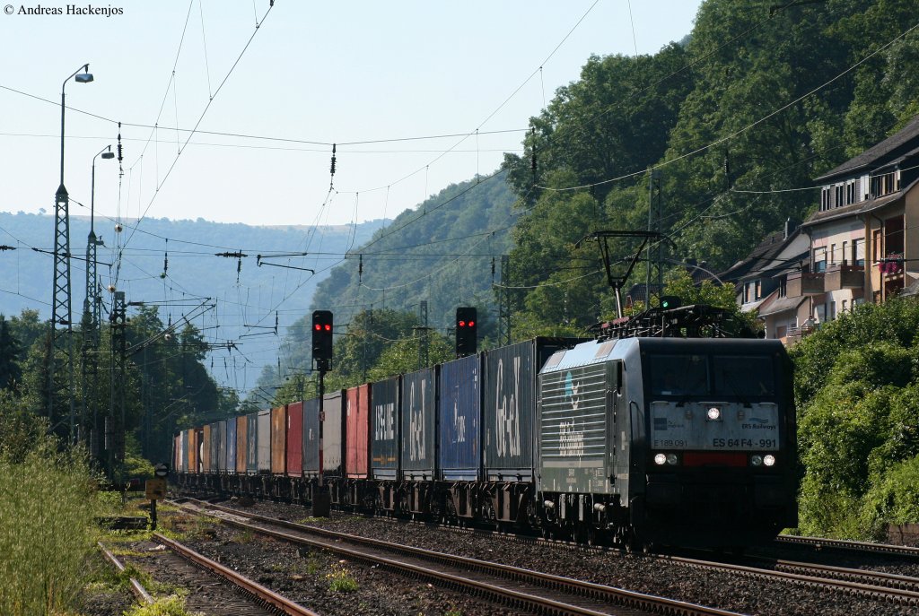 189 091-2 von MRCE und von ERS gemietet mit einem Containerzug gen Norden in Oberwesel 20.7.10