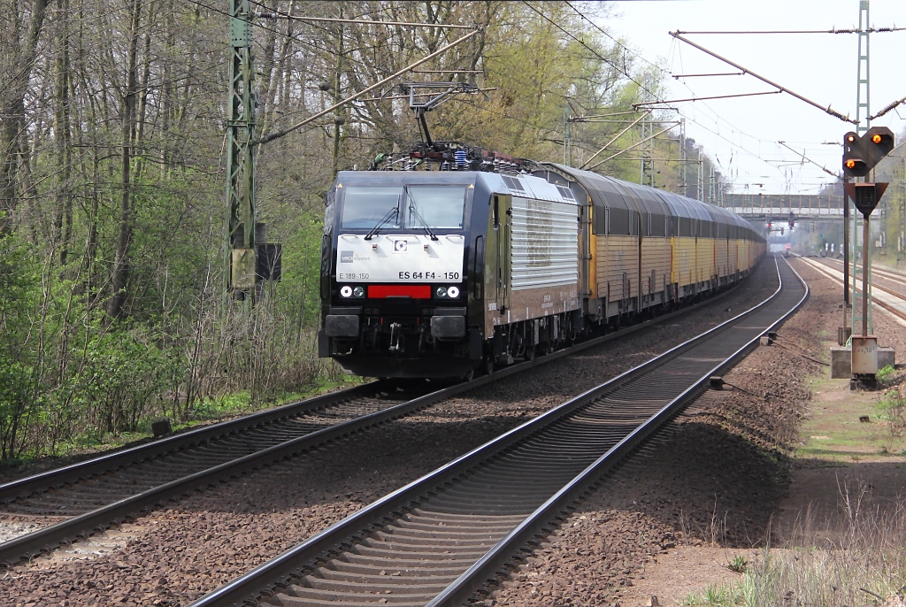 189 150 mit geschlossenen ARS Autotransportwagen in Fahrtrichtung Seelze. Aufgenommen am 17.04.2012 in Dedensen-Gmmer.