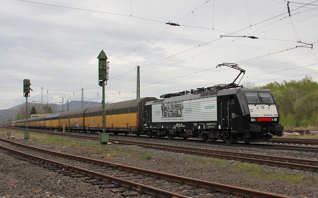 189 150 mit geschlossenen ARS Autotransportwagen in Fahrtrichtung Sden. Aufgenommen am 27.04.2012 in Eschwege West.