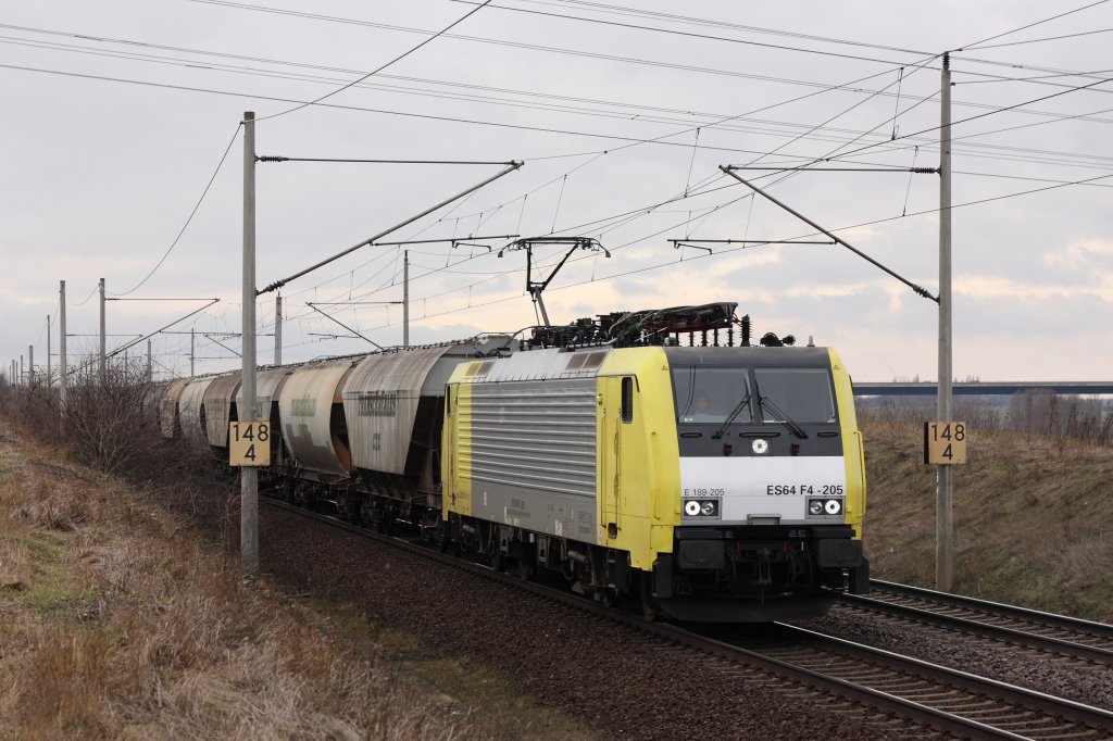 189 205-8 mit einem Ganzzug Transcereales Getreidewagen. Der Zug kommt aus Richtung Braunschweig. Fotografiert am 21.03.2010 in Magdeburg Diesdorf. 