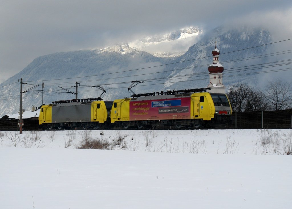 189 907 + 189 917 bei einer Lz-Fahrt am 25.02.2009 unterwegs bei Brixlegg.