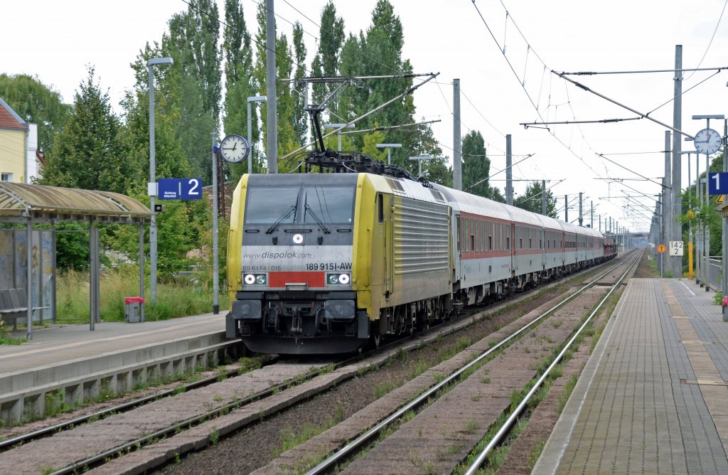 189 915 zog am 28.08.11 den AZ 1362 Narbonne - Berlin durch Brehna Richtung Bitterfeld.