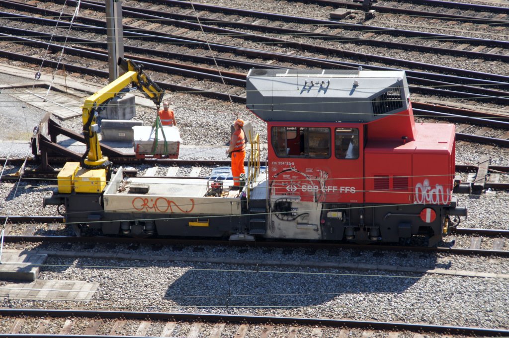 19.07.2010 Tm 2340125-6 bei Gleisarbeiten im Hauptbahnhof Bern.