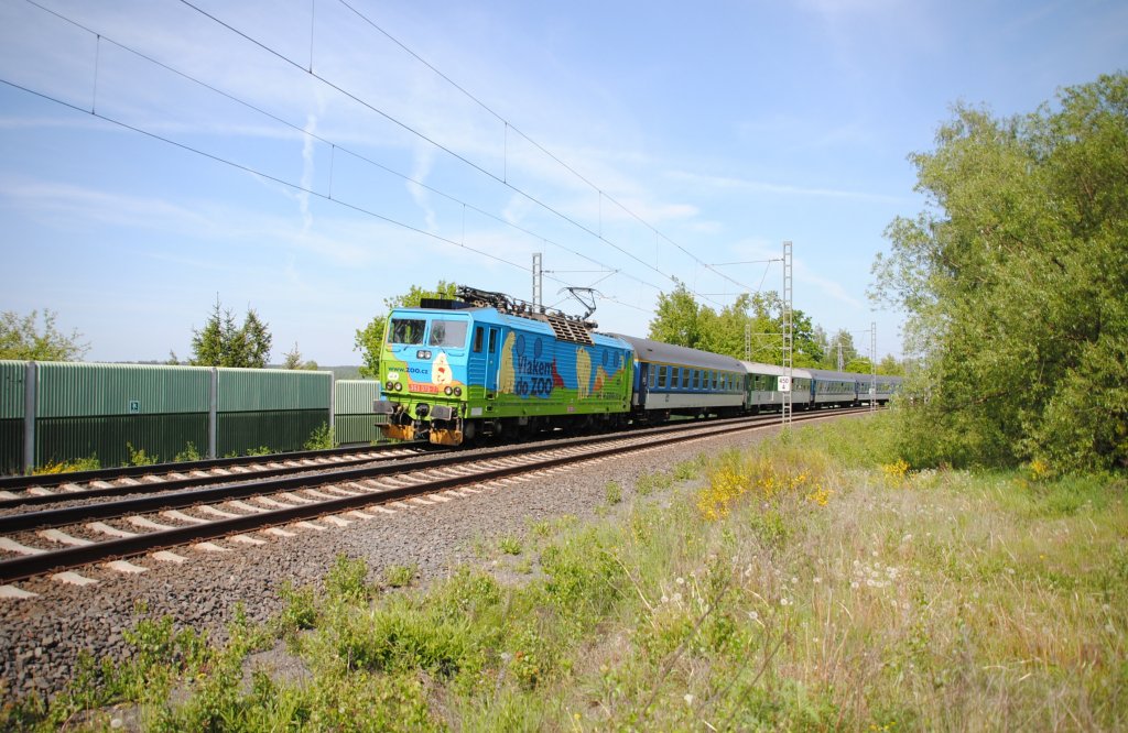 19.5.2012 10:41 ČD 363 078-7 mit einem Schnellzug aus Cheb nach Praha hl.n. in der Nhe der Talsperre Jesenice zwischen den Haltestellen Cheb Veboř und Stebnice. 