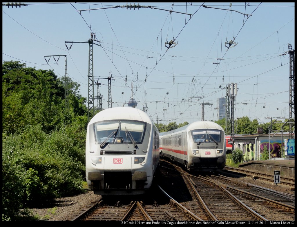 2 IC mit 101ern am Ende des Zuges durchfahren den Bahnhof Kln Messe/Deutz (03.06.2011)