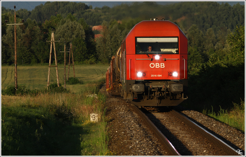 2016 094 fhrt mit einem Holzzug von Knittelfeld nach Pls. 
Fohnsdorf 6.7.2011 
