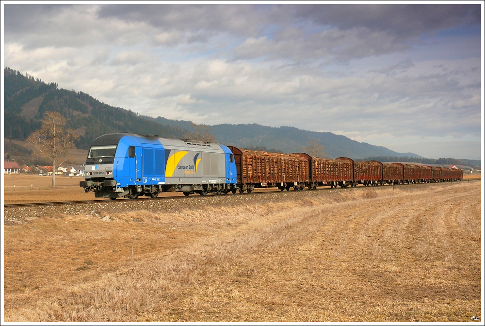 2016 903 LTE European Bulls f�hrt mit einem Holzzug von Knittelfeld nach P�ls. 
Sillweg 21.02.2008