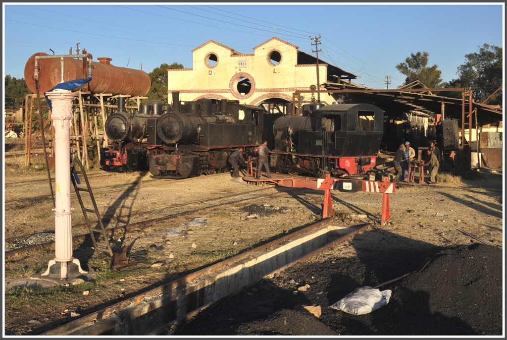 202 002 wird auf der Drehscheibe abgedreht. Daneben stehen 442.56 und 440.008 vor dem Depot Asmara. (31.01.2012)