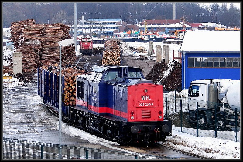 202 264-8 von -WFL- im Stralsunder Sdhafen beim zusammenstellen eines Holzzuges. 20.02.10