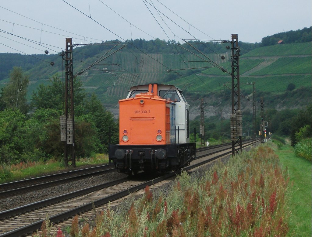 202 330 der NBE ist am 03.August 2011 als Lz bei Himmelstadt unterwegs.