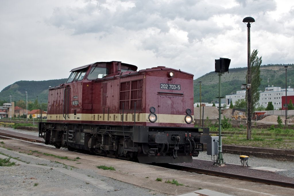 202 703 der Leipziger Eisenbahn, tauchte am 11. Mai 2012 pl�tzlich in G�schwitz und bot nach dem Umsetzen vom Geraer Gleis Gelegenheit, von allen Seiten in Augenschein genommen zu werden, bevor sie in Richtung Saalfeld entschwand...