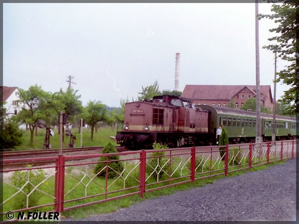 202 794 hat einen P-Zug nach Sonneberg zu bringen. Hier im Sommer 1994 im Bahnhof Mengersgereuth-Hmmern