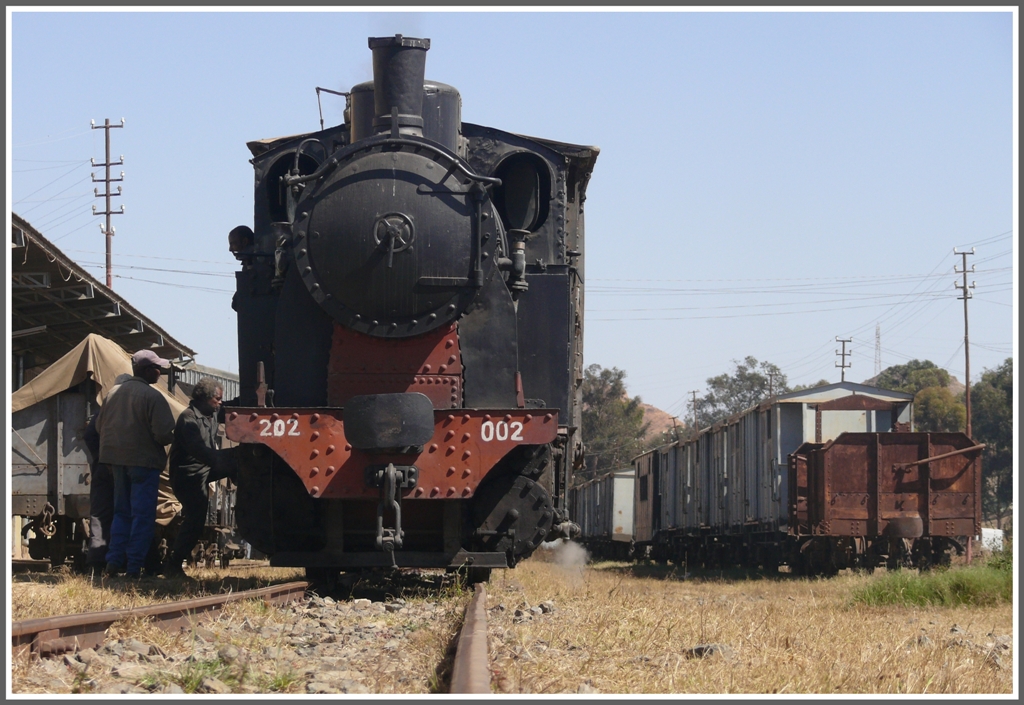 202.002 rangiert in Asmara die zahlreich abgestellten Gter- und Personenwagen. (31.01.2012)