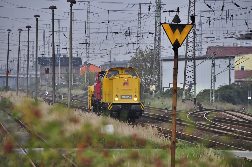 203 307 kommt mit einer Schneefrse am 08.10.2010 nach Stralsund, hier am Abzwg. Srg