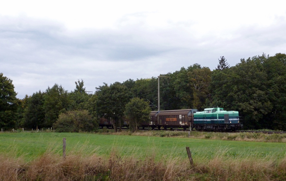 203 318-1 fuhr am 05.10.2012 mit einem Gterzug von Emden gen Sden, hier bei Eisinghausen.