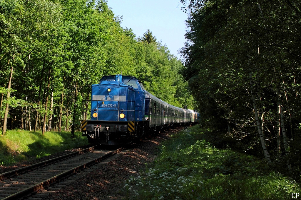 204 033-9 der PRESS zieht einen Zug der Stdtebahn Sachsen durch ein Waldstck nahe Kleinrhrsdorf Richtung Dresden. Der Zug kam am 03.06.2011 anlsslich des Kirchentages zum Einsatz. 