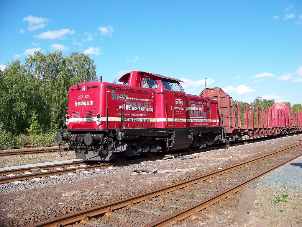 213 334 der Rennsteigbahn steht in Munster mit einen leeren Holzzug. (25.05.10)