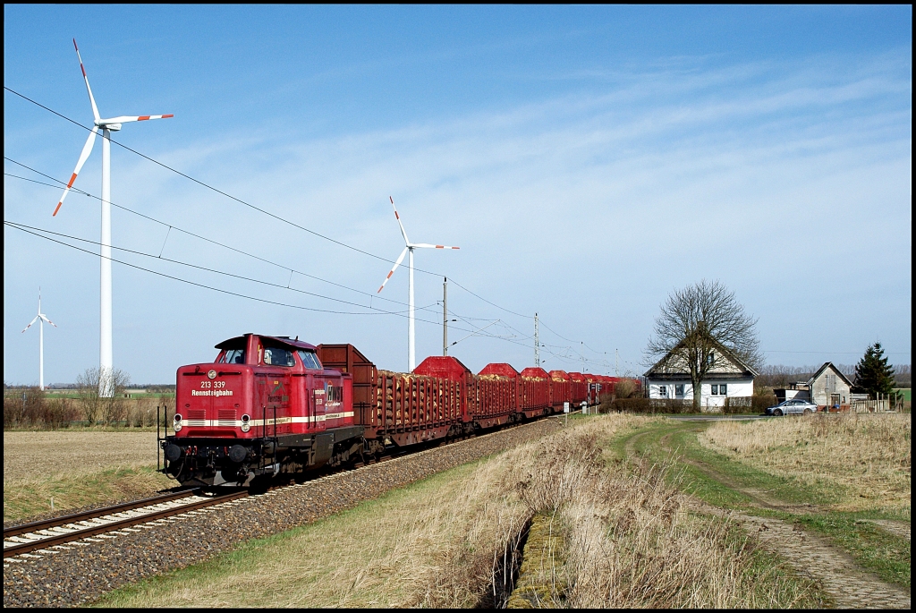 213 339 der Rennsteigbahn ist am 07.04.2011 zwischen Buchenhorst und Altenwillershagen mit einem Holzzug in Richtung Rostock unterwegs. Noch eine Stunde zuvor war der Himmel komplett bedeckt gewesen , aber dank des krftigen Windes an diesem Tag lag der Fotopunkt zur Durchfahrt des Zuges dann im schnen Nachmittagslicht.