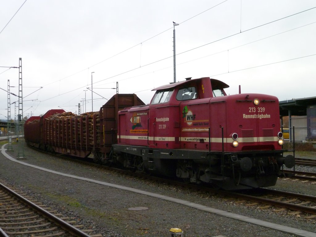 213 339 steht mit einem Holzzug am 07.11.12 im oberem Bahnhof Plauen/V.