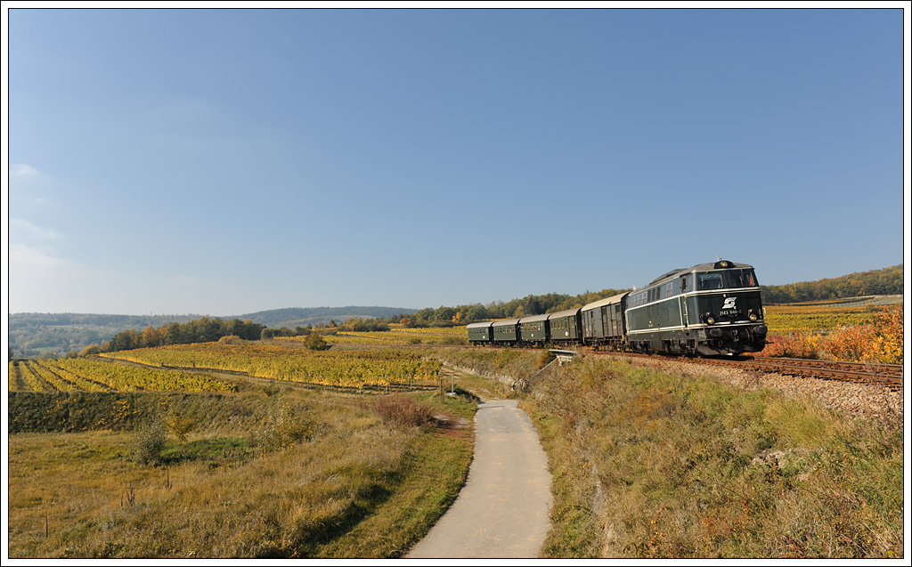 2143 040 mit dem Reblaus Express 16973 in den Weinbergen kurz vor Retz am 20.10.2012.
