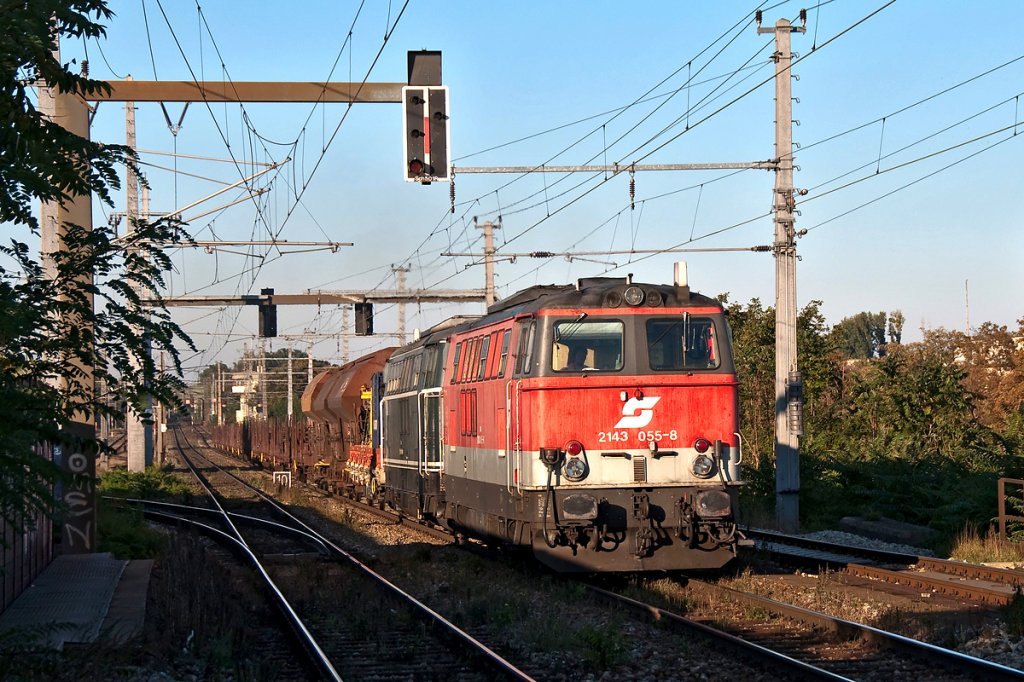 2143 055 und 2143 040 befrdern diesen Gterzug am 17.10.2011 Richtung Wien Zentralverschiebebahnhof. Die Aufnahme entstand zwischen Wien Erdberger Lnde und Wien Heidestrae.
