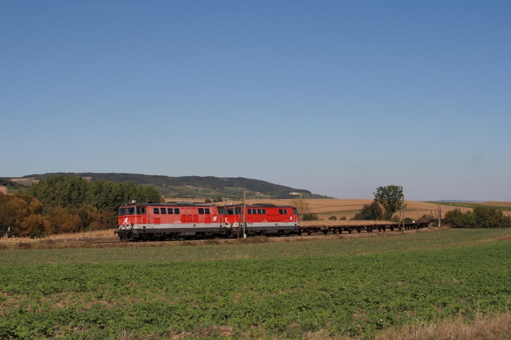 2143.055 und 058 als FGAG (Flachwagenschadenganzgterzug) 52183 in der Steigung bei Ederding nchst Statzendorf. 30.09.2011