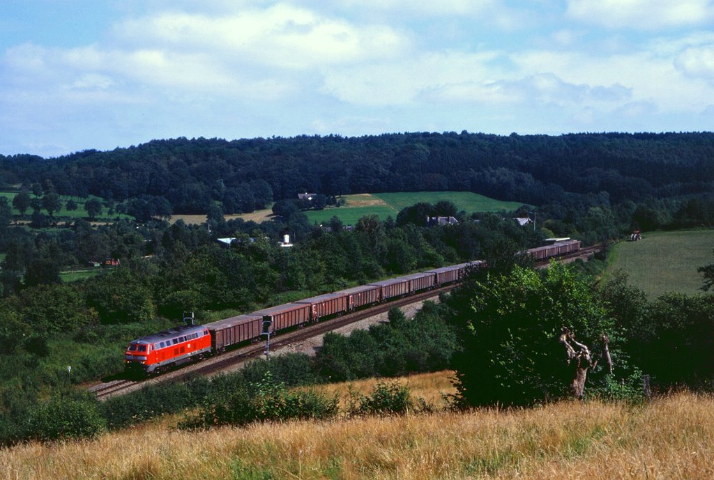 215 114 hat mit Zug 49200 bei Gemmenich Belgien erreicht, um vom dortigen Scheitelpunkt nach Montzen zu rollen, 21.07.2000.