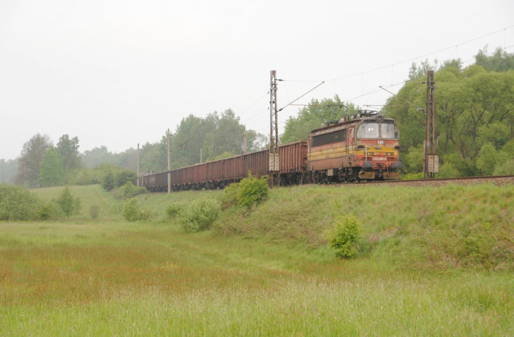 21.5.2011 9:51 ČD 230 058-0 mit einem Gterzug aus Richtung Cheb in Richtung Sokolov in der Nhe des Ortes Kynperk nad Ohř.

