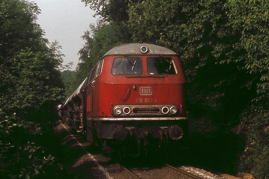216 013 bringt Leerwagen zum Kalkwerk in Rohdenhaus, Aufnahme zwischen Heiligenhaus Hofermhle und Flandersbach, 03.06.1983.