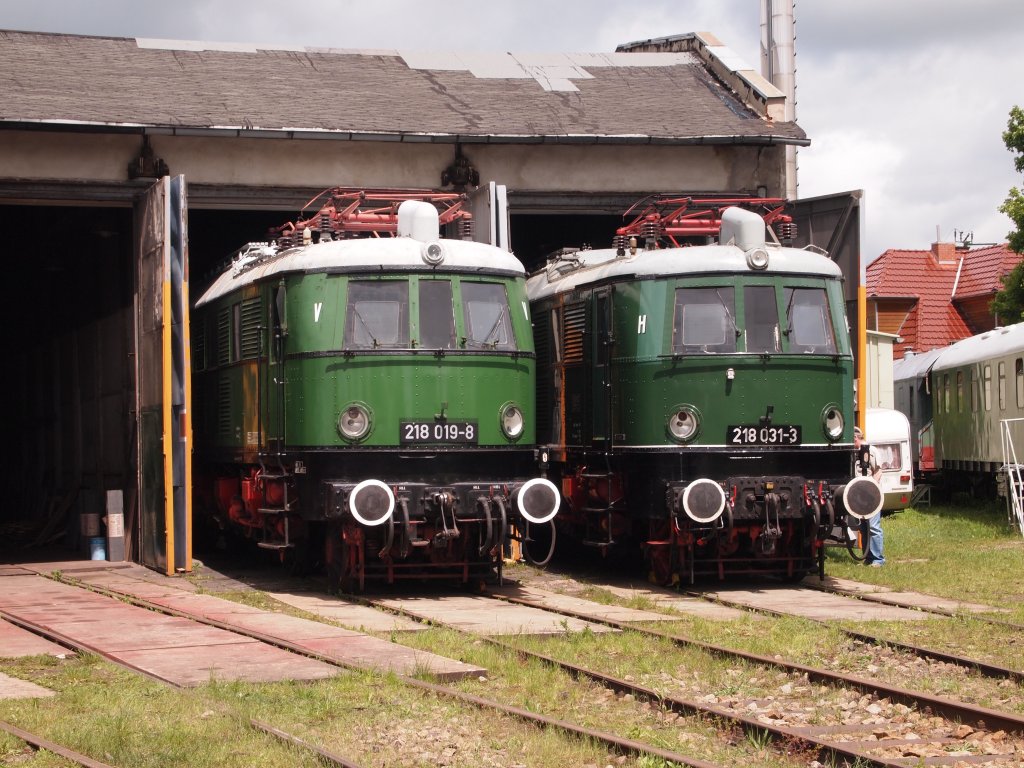 218 019 und 218 031 in Weimar am 30. Mai 2010 beim Eisenbahnfest des TEV.
