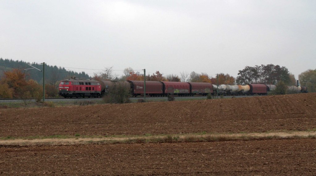 218 194 am 30.10.2009 mit ihrem Teckbahn-Gterzug bei Kirchheim(Teck)-tlingen