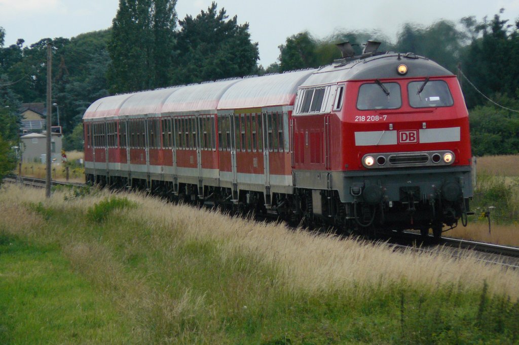 218 208 in voller Fahrt. Mit ihrer RB23 strebt sie ihrem Ziel Bonn entgegen, hier hinter Odendorf in der so genannten  Wallachei . (24.6.2011, 15:23 Uhr)