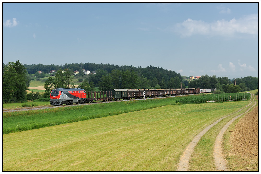 218 256 mit ihrem VG 71385 am 12.7.2010 im Oisnitzgraben ein paar Meter vor der Haltestelle Oisnitz-St. Josef aufgenommen.