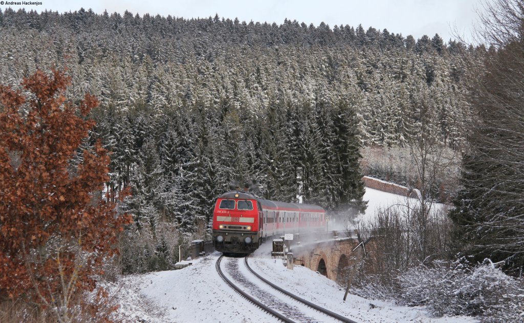218 432-3 mit dem IRE 3220 (Ulm Hbf-Neustadt(Schwarzw) auf dem Mauchachviadukt 3.2.13