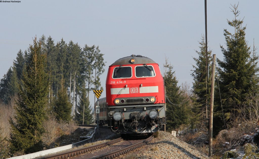 218 434-9 mit dem IRE 3220 (Ulm Hbf-Neustadt(Schwarzw) bei Hausen vor Wald 1.4.13