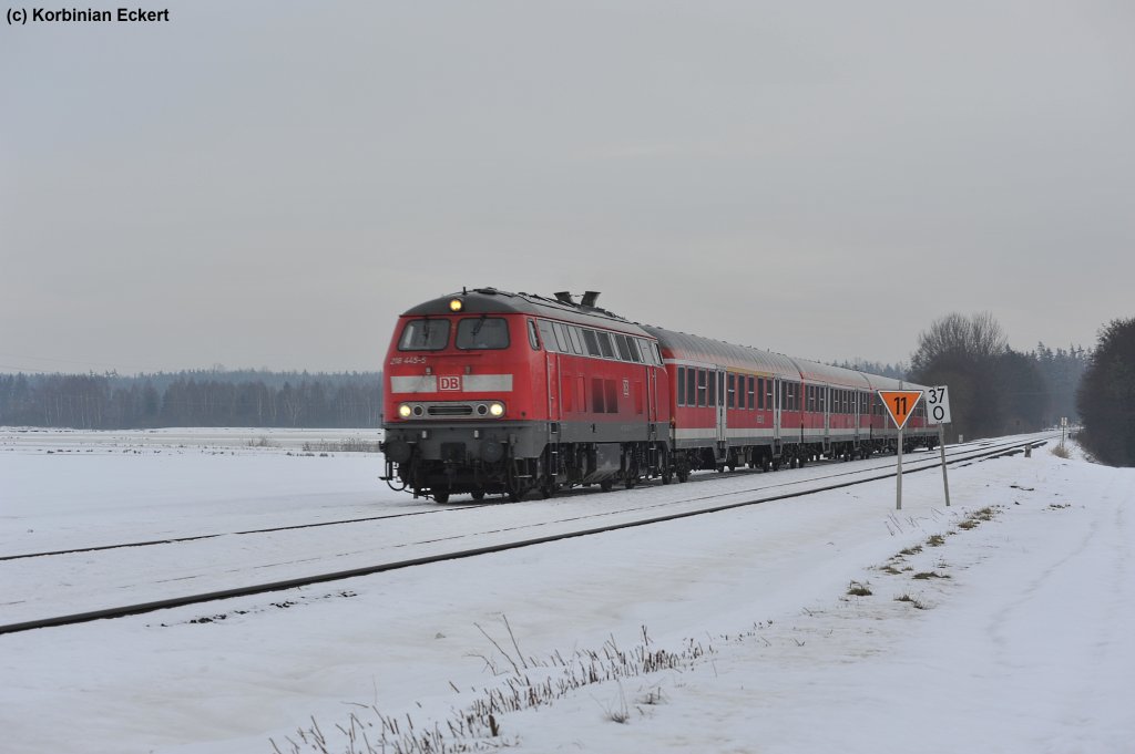 218 445 als Ersatz fr einen 612er mit dem RE 3694 nach Gera bei Oberteich, 09.01.2011