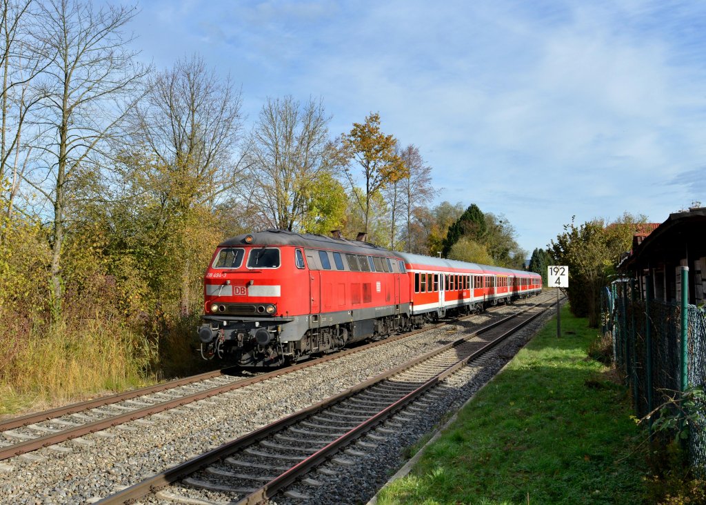 218 494 mit einem IRE von Stuttgart nach Lindau am 03.11.2012 unterwegs bei Friedrichshafen-Flughafen.