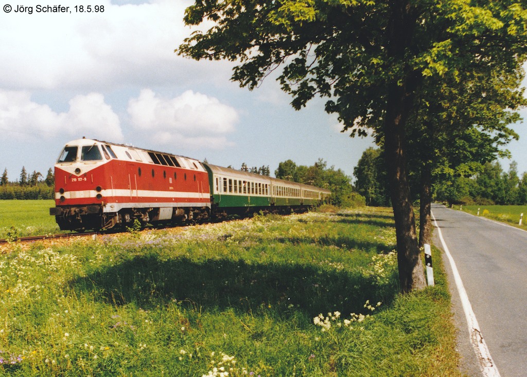 219 117 wurde am 18.5.98 mit ihrer RB nach Lobenstein etwa 1 km vor dem Bahnhof Ebersdorf-Friesau abgelichtet.
